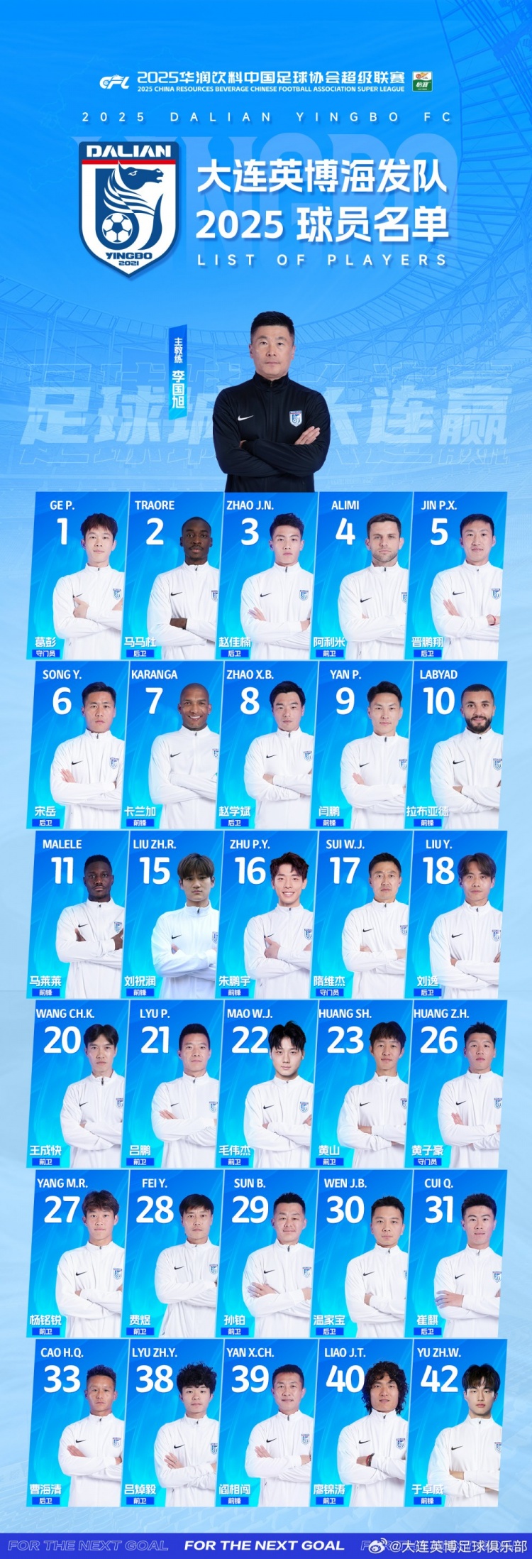  大連英博一線隊(duì)名單：10號(hào)拉布亞德領(lǐng)銜五外援，共30名球員入選