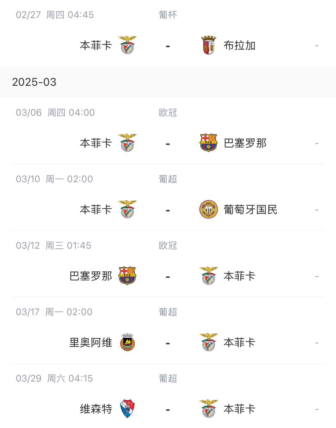  讓路歐冠！本菲卡戰(zhàn)巴薩首回合比賽前的葡超比賽推遲進(jìn)行