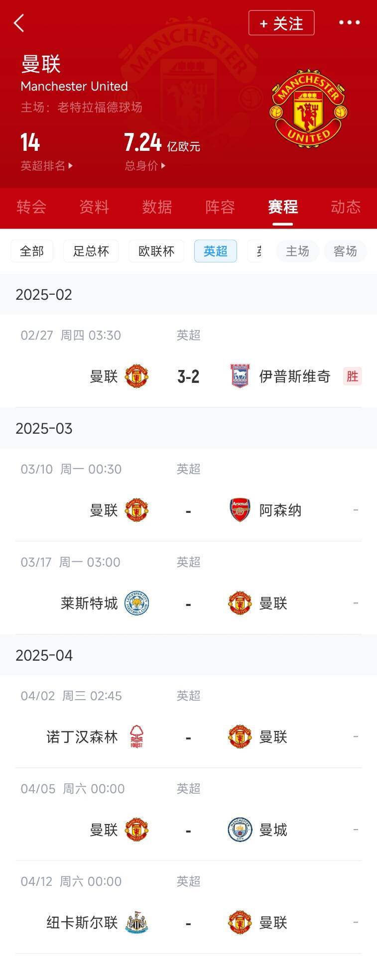 藍(lán)狐救一下？曼聯(lián)未來(lái)5輪將遭遇英超2/3/4/6名：槍手森林曼城紐卡